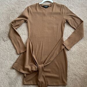 Ribbed long sleeve brown mini dress